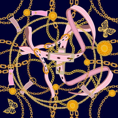 Baroque print with golden chains, pink leather str