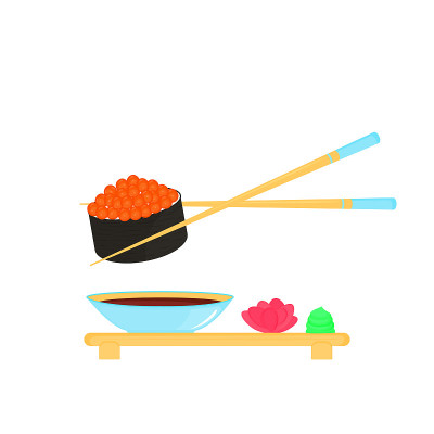 红鱼子酱寿司卷。日本传统食物。酱油，生姜，芥末，筷子。