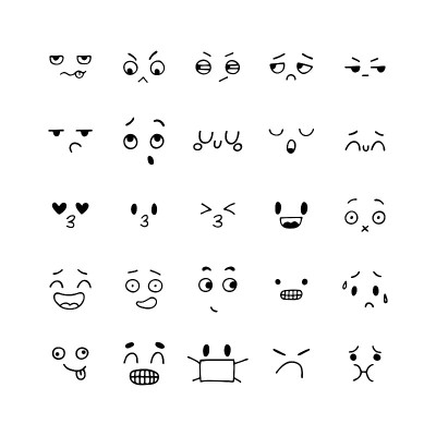 Emoji图标。手绘有趣的笑脸。快乐卡哇伊风格。素描面部表情集。卡通情感人物的集合