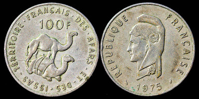 1975年吉布提100 f硬币两面