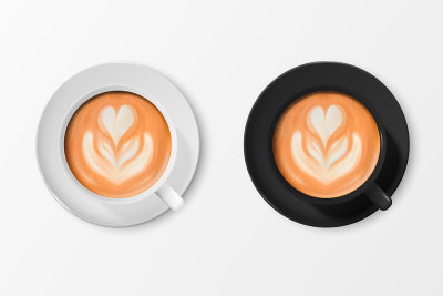 矢量3d现实陶瓷白和黑咖啡杯，杯子，碟子隔离。牛奶咖啡，泡沫，花，心形图案。咖啡,卡布奇诺,拿铁咖啡