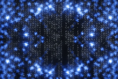 蓝色矩阵数字背景。抽象的网络空间的概念。人物倒了。来自符号流的矩阵。虚拟现实设计。复杂的算法数据黑客