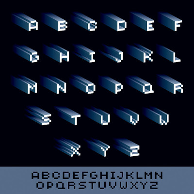 矢量字体，用8位字体创建的typescript。像素艺术当代大写字母集合，3d数字设计元素。