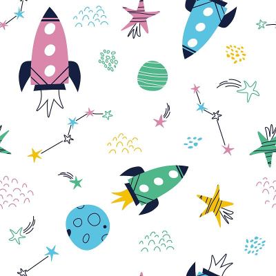 Hand drawn seamless pattern with rocket. Space doo