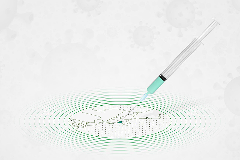 罗德岛疫苗接种概念，罗德岛地图上的疫苗注射。新型冠状病毒疫苗和疫苗接种。