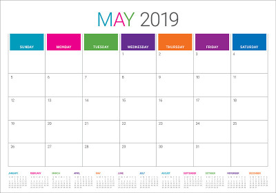 2019年5月台历矢量插图