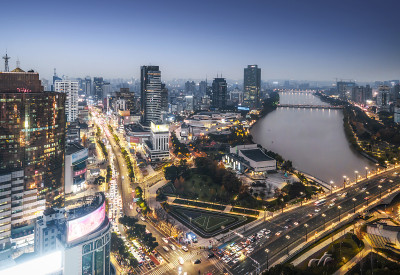 航拍宁波市天际线夜景