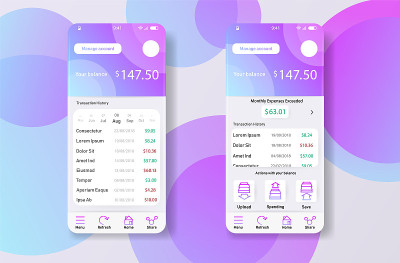 智能手机widjet手机应用用户界面设计财务理财应用。UI, UX, GUI web风格，简约的平面