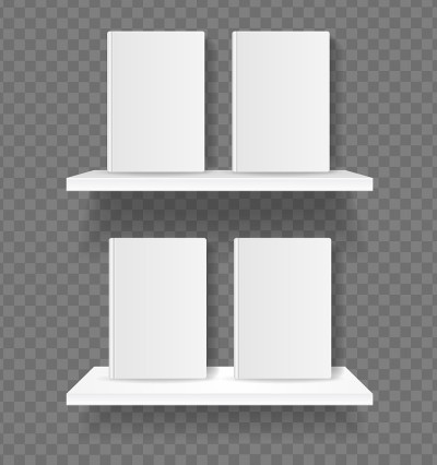 逼真详细的3d白色空白模板书在货架上的商店设置。向量