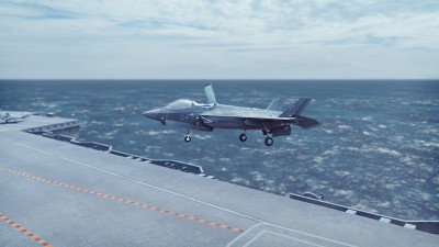 F-35战斗机从航空母舰垂直起飞。三维渲染