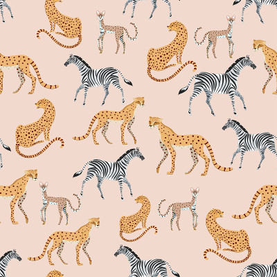 印度豹、斑马、山猫。无缝模式。矢量插图。印刷在织物和包装纸上。