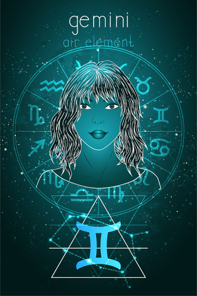 矢量插图的双子座生肖，星座和肖像美丽的女孩。