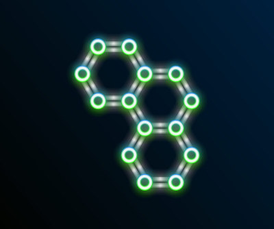 发光的霓虹灯线化学公式图标孤立在黑色背景。摘要六边形用于创新医药、健康、科研和科学。色彩斑斓的轮廓的