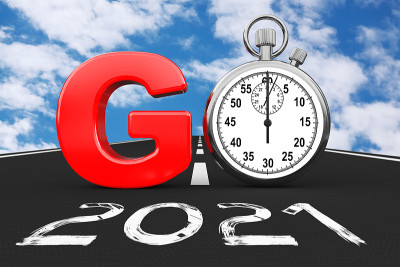 新的2021年概念。秒表作为Go Sign over 2021 New Year Road. 3d渲