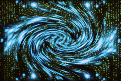 蓝绿色矩阵数字背景。扭曲的网络空间的概念。绿色人物掉入虫洞。入侵矩阵。虚拟现实设计。复杂的算法数据黑