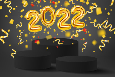 2022年金箔气球号码，黑色舞台，讲台。3D逼真的场景金气球，底座，飘落的五彩纸屑。矢量模板横幅圣诞