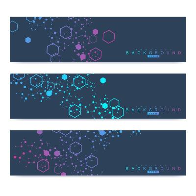 科学的现代载体旗帜。DNA分子结构与连接的线和点。科技观念。波浪流图形背景为您的设计。矢量插图。