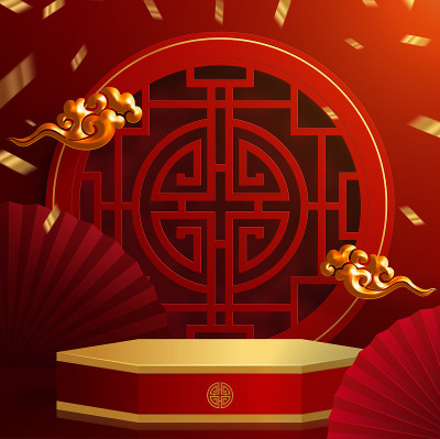 3d讲台圆形、方盒舞台讲台和纸艺术中国新年、中国节日、中秋节、红剪纸、扇子、鲜花和亚洲元素与工艺风格