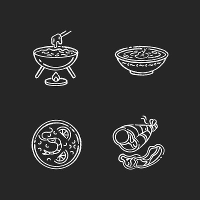 传统食物粉笔白色图标设置在黑色背景