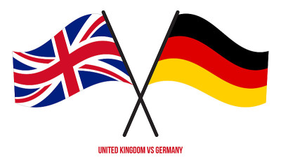 英国和德国的旗帜交叉和挥舞的平风格。官方的比例。正确的颜色