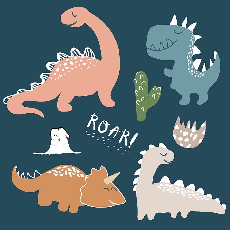 childish dinosaur vector set for fashion clothes, _模板素材-稿定设计