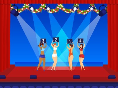 美女秀、泳装秀、女子表演秀、漂亮比基尼模特、设计、卡通风格矢量插图。
