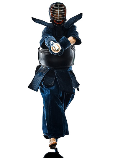 剑道武术家女子剪影孤立白色背包