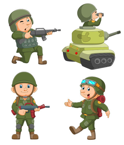 收集的士兵和拿着枪的人的服装
