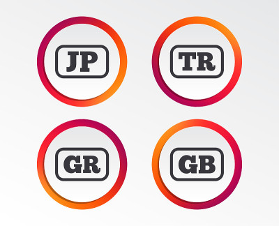 语言图标。JP, TR, GR和GB翻译。