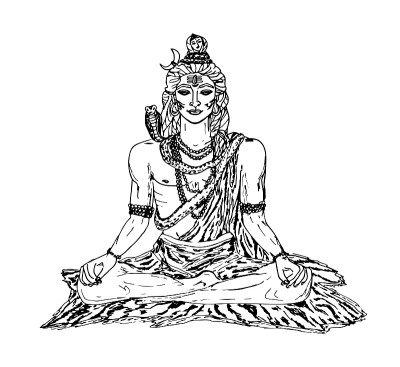湿婆神。湿婆坐在虎皮上，披着斗篷，装饰着菩提树念珠，脖子上绕着一条蛇。在白色的背景上。