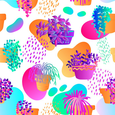 图案霓虹灯热带植物和花在盆。矢量彩色草图上的白色背景。紫外光粉色，蓝色，绿松石色。