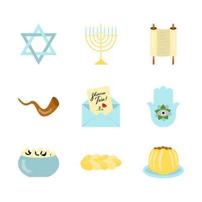 Jewish Shana Tova holiday icon set on white.