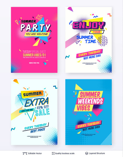 Set of summer season ad posters in pop-art style.