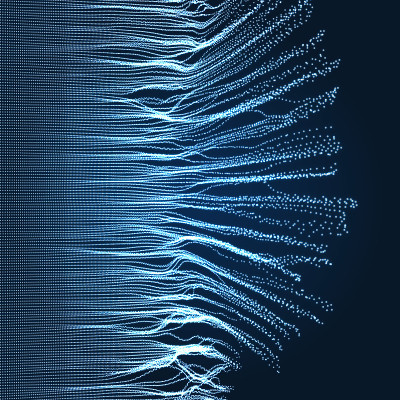 动态发射粒子数组。3D技术风格。一个发光的网格。抽象的背景。矢量插图。