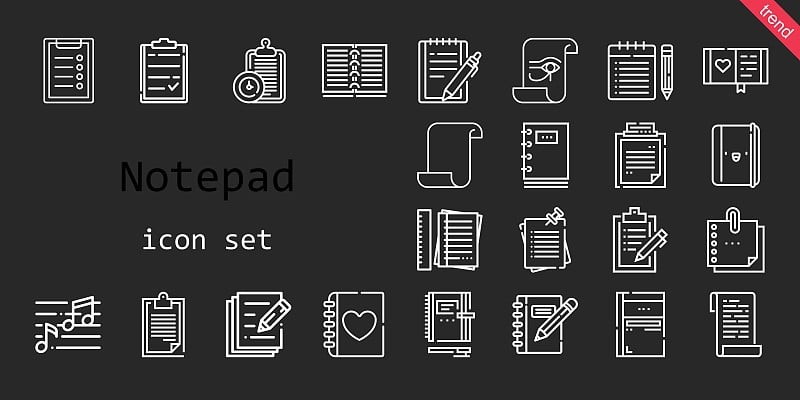 记事本的图标集。行图标风格。记事本相关的图标，如笔记，日记，笔记，纸，记事本，便利贴，素描本，剪贴板
