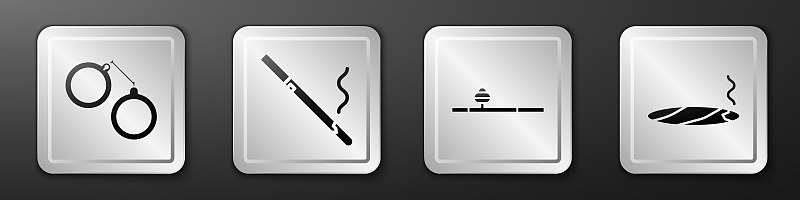 设置手铐，香烟，鸦片烟斗和雪茄与烟雾图标。银广场按钮。向量