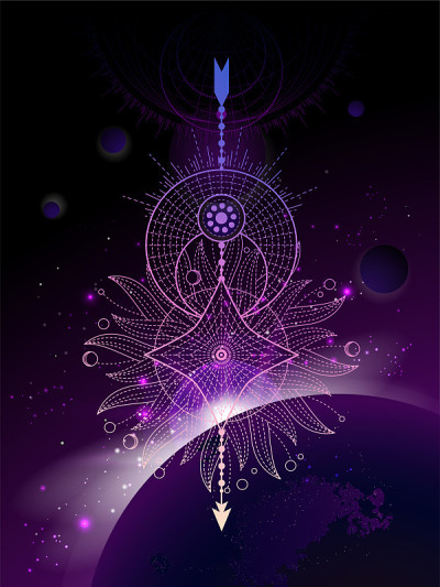 矢量插图的神圣几何符号与日出和星星的空间背景。