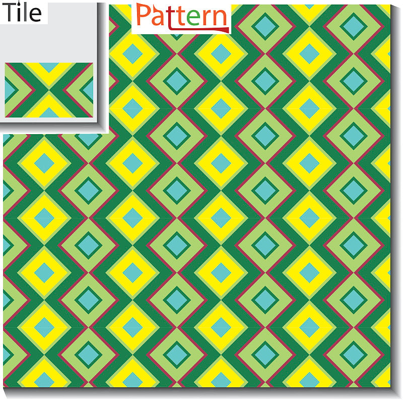 多色对角线方形型无缝图案向量，看起来像多色几何宝石，如平格子图案，它是无缝方形艺术图案和格子纹理图案