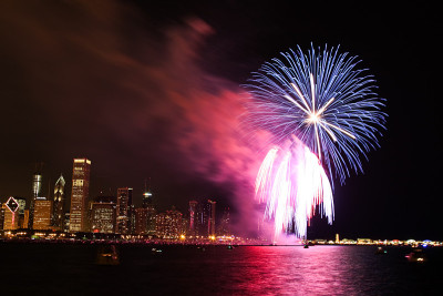 7月4日，芝加哥天际绽放着烟花