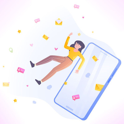 Social media addiction concept. Woman with sad emo
