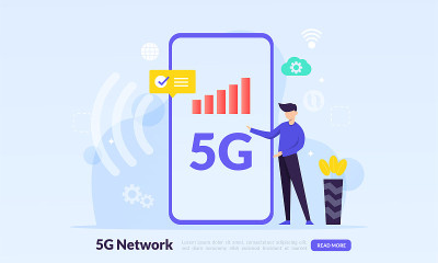 5G移动网络概念，宽带电信无线互联网，全球网络高速创新连接数据速率技术，平面图标，适合网页登陆页面，