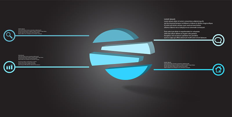 3D插图信息图模板。浮雕圆被随机分为四个移位的颜色部分。物体被安排在灰黑色的背景上。带有圆圈标志的线