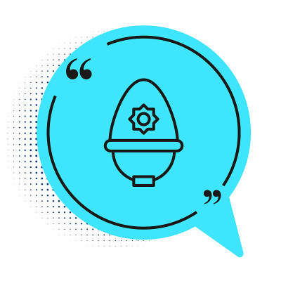 黑线英国警察头盔图标孤立在白色背景。蓝色语音气泡符号。向量