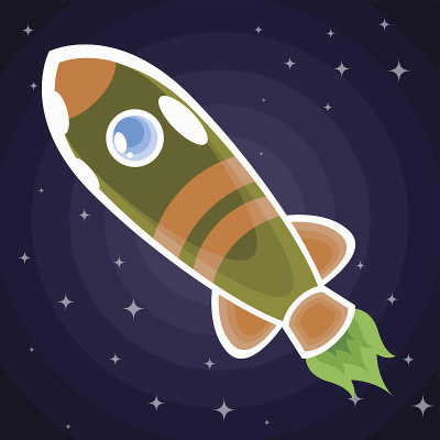 绿色带棕色条纹的太空火箭，带有舷窗，在星际间飞行