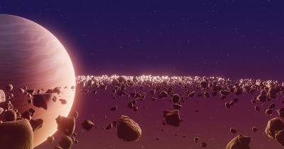 行星土星或木星与岩石环的特写。三维演示