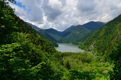 风景画。夏天。里扎湖和高加索绿山位于阿布哈兹。