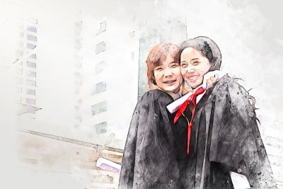 美丽女生毕业以水彩画插画为背景。