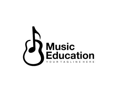 音乐教育，音符和吉他，设计。乐器，音乐学校和音乐，矢量设计和插图