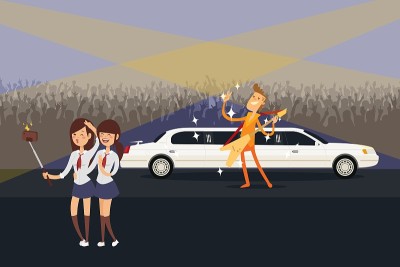 自拍迷与音乐偶像、音乐会人物矢量插画。女孩拍照的男人摇滚，电吉他附近的豪华轿车。