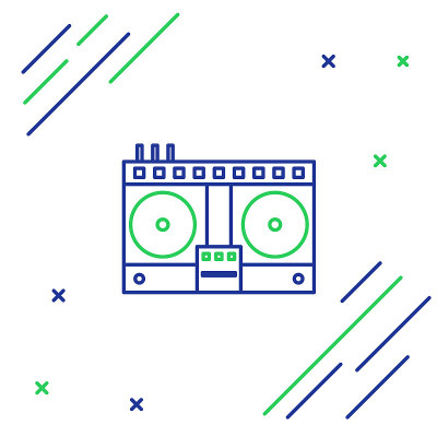 Line DJ远程播放和混合音乐图标隔离在白色背景。配有乙烯基播放器和遥控器的DJ混音器。色彩斑斓的